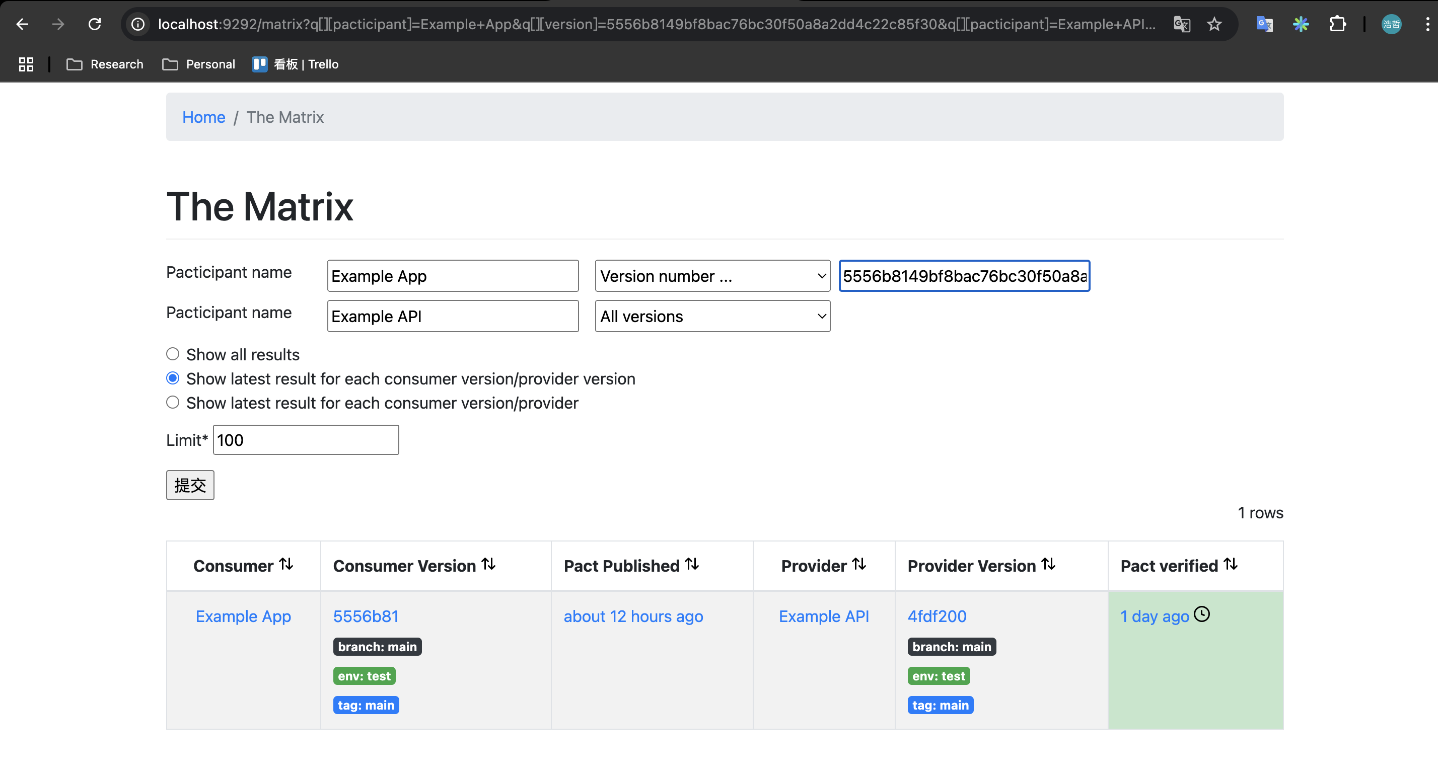Pact Broker UI Matrix